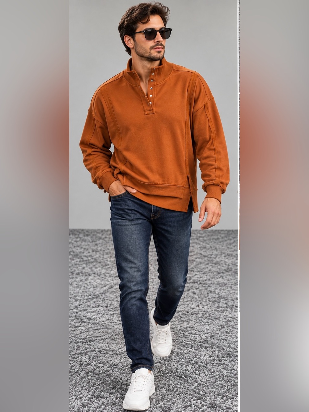 Men's Rust Button-Front Stand Collar Pullover Sweatshirt